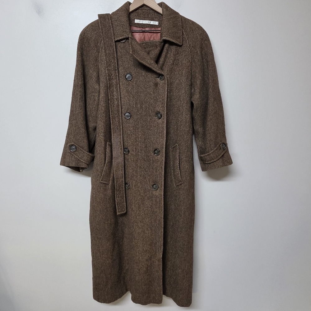 VTG Perry Ellis Womens Wool Double Breasted Brown Herringbone Long Coat Sz 6 USA